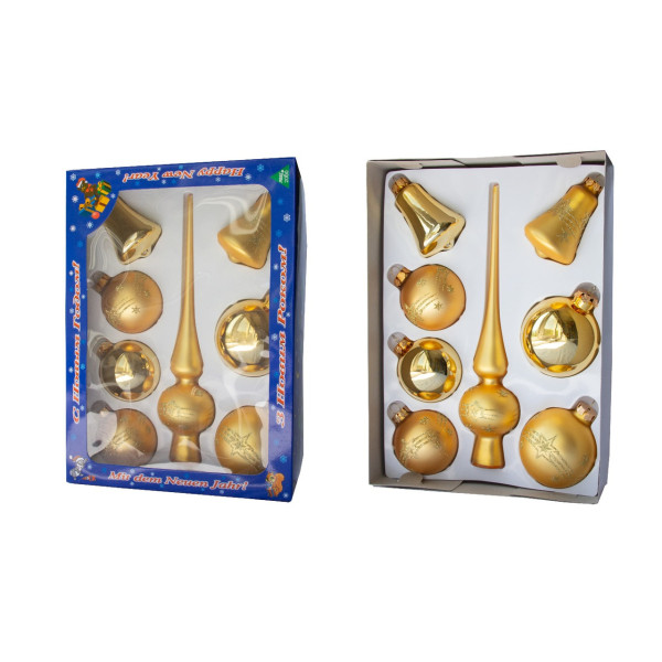 Набір ялинкових іграшок - кулі з верхівкою, 8 шт, D6-8 см, золотистий, зірка та смужки, скло, мікс (390281-3)