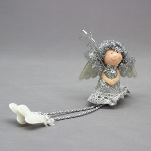 Новорічна ялинкова іграшка - фігурка Янголятко, 16 см, сріблястий, текстиль (220099)