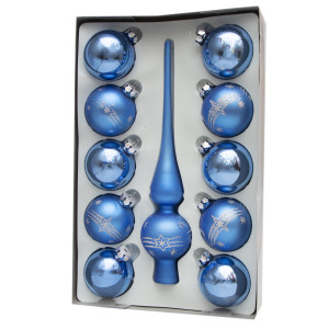 Набір ялинкових іграшок - кулі з верхівкою, 11 шт, D6 см, синій, маленькі зірки, скло, мікс (390236-7)
