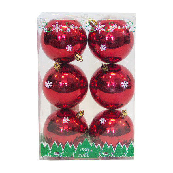 Набір ялинкових іграшок - кулі, 6 шт, D8 см, червоний, глянець, пластик (890834)
