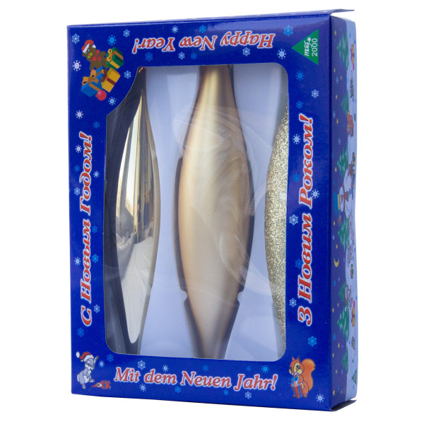 Набір ялинкових іграшок - бурульки, 3 шт, 3x15 см, золотистий мікс, скло (390120-2)