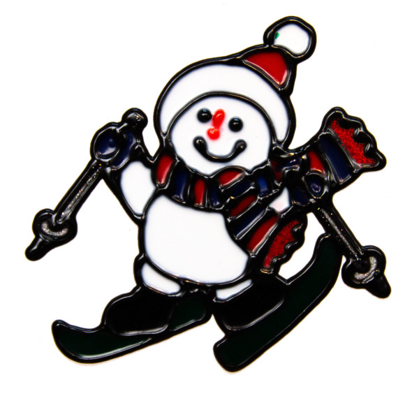 Новорічна прикраса - наліпка на вікно сніговик на лижах, 15x15 см, білий, ПВХ (160449-1)