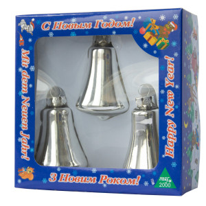 Набір ялинкових іграшок - дзвіночки, 3 шт, 6 см, сріблястий, скло, глянець (390144-1)