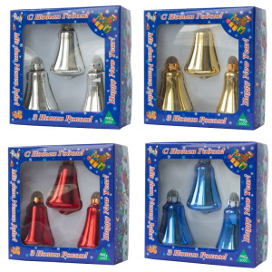 Набір ялинкових іграшок - дзвіночки, 3 шт, 6 см, сріблястий, скло, глянець (390144-1)