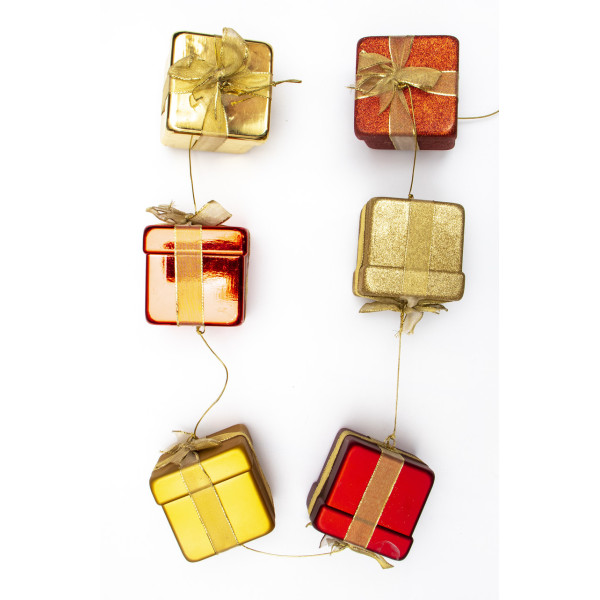 Новорічна прикраса - гірлянда з 6 подарунків 1,83 м, золотистий, червоний, пластик (110025-4)