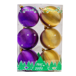 Набір ялинкових іграшок - ребристі кулі, 6 шт, D8 см, пурпурний, золотистий, пластик, глянець (031597-3)