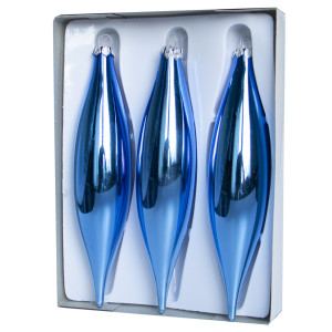 Набір ялинкових іграшок - бурульки, 3 шт, 3x15 см, синій глянець, скло (390120-9)