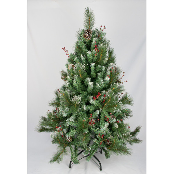 Ялинка штучна з голками та червоними ягодами, 120 см, пластикова ніжка, ялинка, темно-зелений, ПВХ (100125)