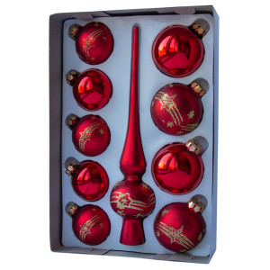 Набір ялинкових іграшок - кулі з верхівкою, 10 шт, D5-6 см, червоний, в зірки, скло, мікс (390267-7)