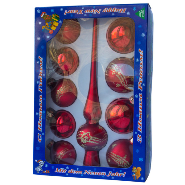 Набір ялинкових іграшок - кулі з верхівкою, 10 шт, D5-6 см, червоний, в зірки, скло, мікс (390267-7)