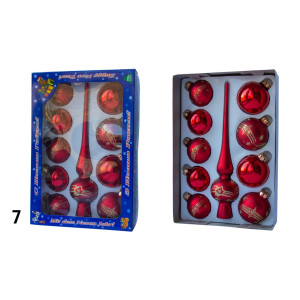 Набір ялинкових іграшок - кулі з верхівкою, 10 шт, D5-6 см, червоний, в зірки, скло, мікс (390267-7)