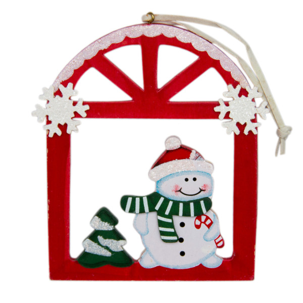 Ялинкова іграшка - фігурка Сніговик у віконці, 13x15 см, червоний, дерево (060375-2)