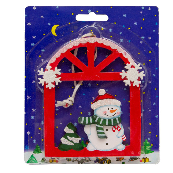 Ялинкова іграшка - фігурка Сніговик у віконці, 13x15 см, червоний, дерево (060375-2)