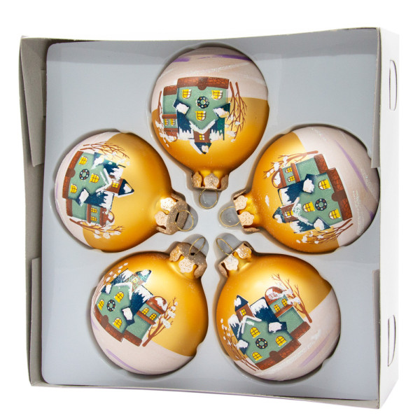 Набір ялинкових іграшок - кулі з розписом, 5 шт, D6 см, золотистий, матовий, скло (390410-5)