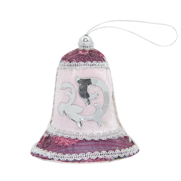 Ялинкова іграшка м'яка - Дзвіночок, 10 см, рожевий з бордовим, текстиль з бісером (430253-1)