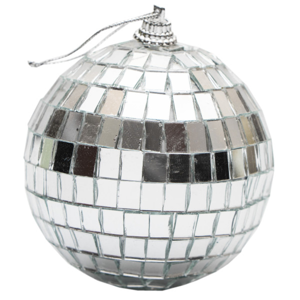 Ялинкова іграшка - куля ДИСКО, 8 см, дзеркальна, срібляста, пластик (031641)