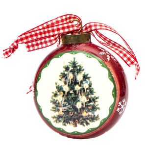 Ялинкова іграшка - плоска куля з малюнком ялинки, D7,5 см, червоний, кераміка (000616-1)