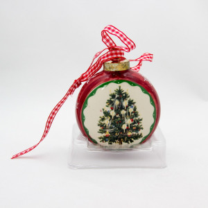 Ялинкова іграшка - плоска куля з малюнком ялинки, D7,5 см, червоний, кераміка (000616-1)