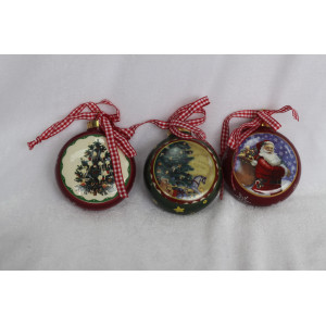 Ялинкова іграшка - плоска куля з малюнком ялинки, D7,5 см, червоний, кераміка (000616-1)