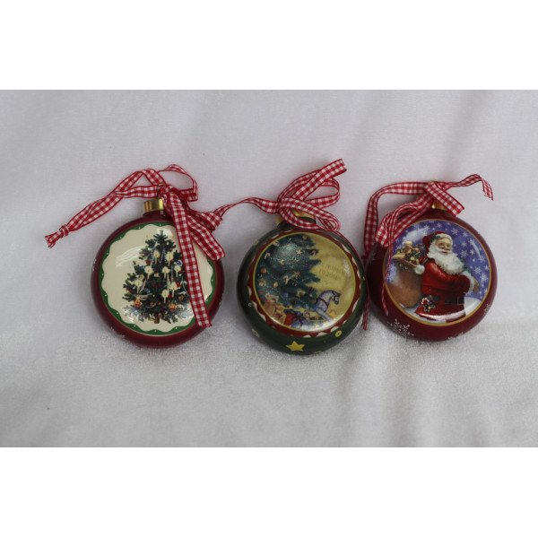 Ялинкова іграшка - плоска куля з малюнком ялинки, D7,5 см, червоний, кераміка (000616-1)