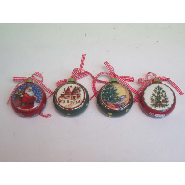 Ялинкова іграшка - плоска куля з малюнком ялинки, D7,5 см, червоний, кераміка (000616-1)