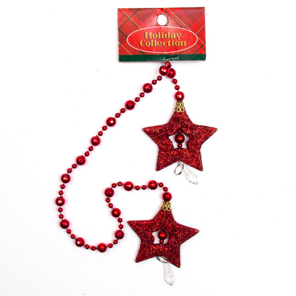Новорічна прикраса - підвісне намисто з двома зірками, 51 см, пластик, червоний (001187-3)