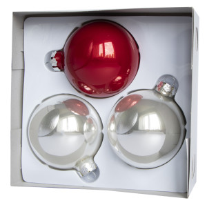 Набір ялинкових іграшок - кулі, 3 шт, D8 см, сріблястий, червоний, скло, глянець (390656-7)