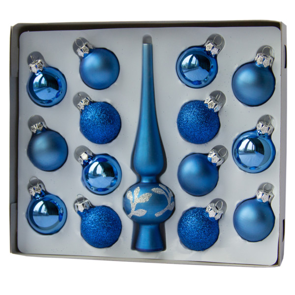 Набір ялинкових іграшок - міні-кулі з міні-верхівкою, 15 шт, D3 см, синій, мікс, скло (390748-4)