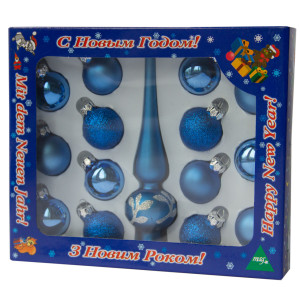 Набір ялинкових іграшок - міні-кулі з міні-верхівкою, 15 шт, D3 см, синій, мікс, скло (390748-4)