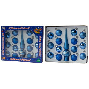 Набір ялинкових іграшок - міні-кулі з міні-верхівкою, 15 шт, D3 см, синій, мікс, скло (390748-4)