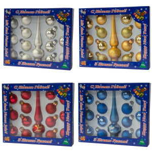 Набір ялинкових іграшок - міні-кулі з міні-верхівкою, 15 шт, D3 см, синій, мікс, скло (390748-4)