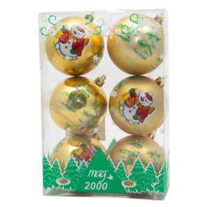 Набір ялинкових іграшок - кулі, 6 шт, D7 см, золотистий з малюнком, пластик (030378-2)