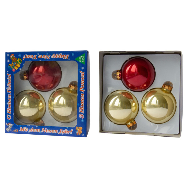 Набір ялинкових іграшок - кулі, 3 шт, D8 см, золотистий, червоний, скло, глянець (390656-5)