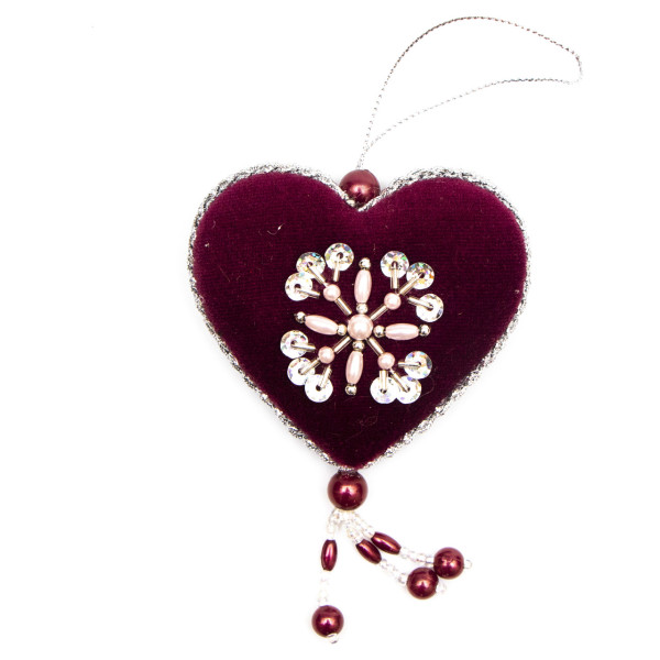 Ялинкова іграшка м'яка - набір - 3 шт, 8 см, червоний, текстиль з бісером (430178)