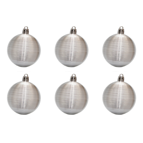 Набір ялинкових іграшок - ребристі кулі, 6 шт, D6 см, сріблястий, пластик, глянець (891718)