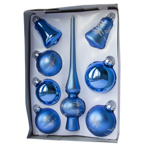 Набір ялинкових іграшок - кулі з верхівкою, 8 шт, D6-8 см, синій, сніжинку, скло, мікс (390281-15)