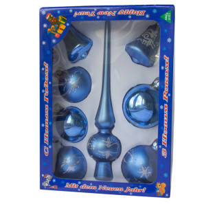 Набір ялинкових іграшок - кулі з верхівкою, 8 шт, D6-8 см, синій, сніжинку, скло, мікс (390281-15)