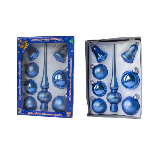 Набір ялинкових іграшок - кулі з верхівкою, 8 шт, D6-8 см, синій, сніжинку, скло, мікс (390281-15)
