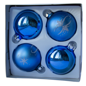 Набір ялинкових іграшок - кулі, 4 шт, D7 см, синій, мікс, в сніжинку, скло (390335-24)