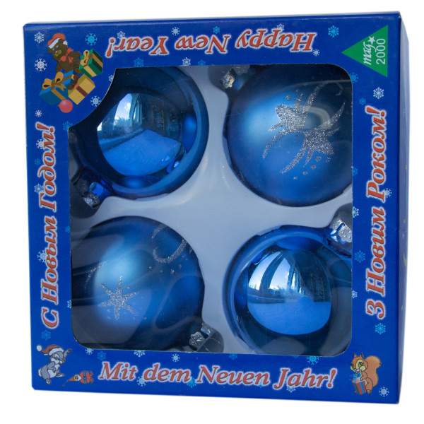 Набір ялинкових іграшок - кулі, 4 шт, D7 см, синій, мікс, в сніжинку, скло (390335-24)