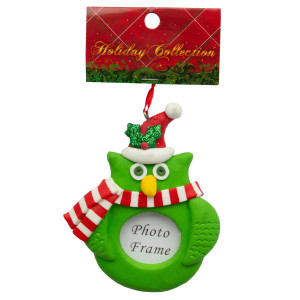 Новорічна ялинкова іграшка - фоторамка гумова Зелена Сова, 9,5 см, зелений, полірезин (001545-4)