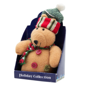 Ялинкова іграшка м'яка - Коричневий ведмідь в зеленій шапці, 9 см, коричневий, текстиль (000265-10)