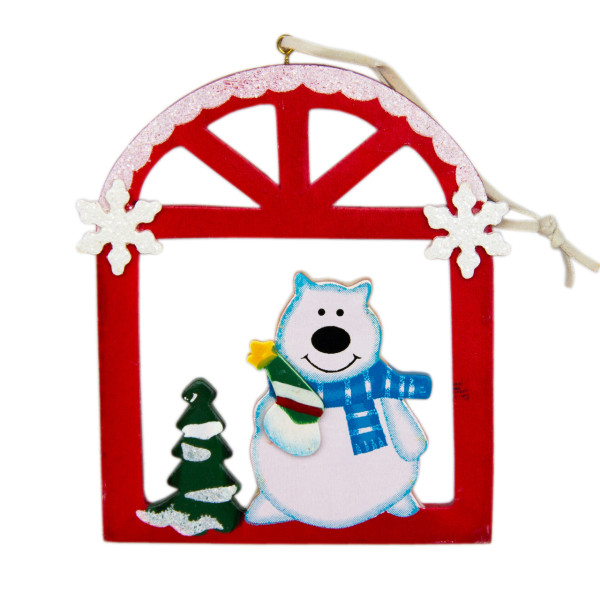 Ялинкова іграшка - фігурка Ведмідь у віконці, 13x15 см, червоний, дерево (060375-1)