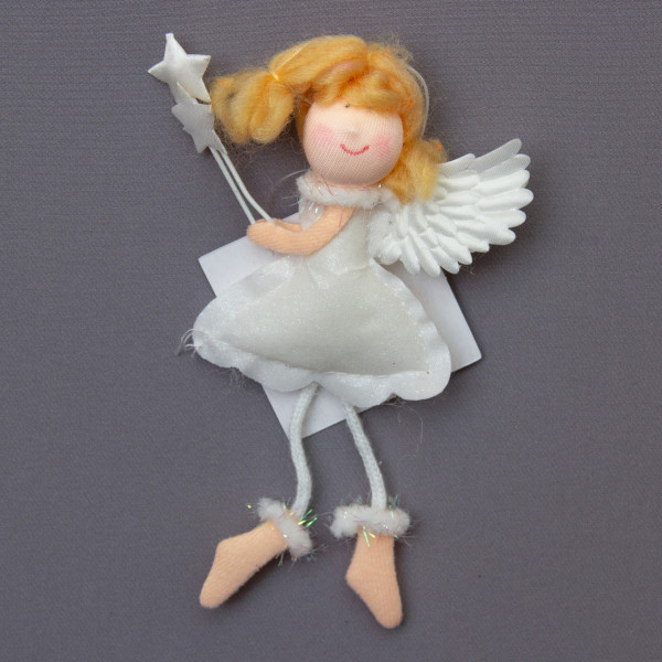 Новорічна ялинкова іграшка - фігурка Янголятко в білій сукні дві зірки, 14 см, білий, текстиль (220938-3)