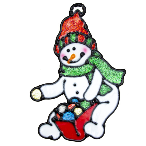 Наліпка на вікно сніговик з ящиком для іграшок, 19x14 см, різнокольоровий, силікон (000548-4)