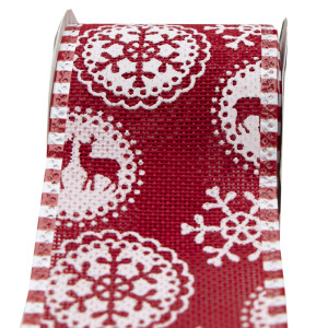 Декоративна прикраса - стрічка в рулоні червона з оленем та сніжинкою, 3 м, 6,3 см, поліестер (080556-7)
