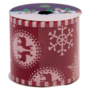 Декоративна прикраса - стрічка в рулоні червона з оленем та сніжинкою, 3 м, 6,3 см, поліестер (080556-7)