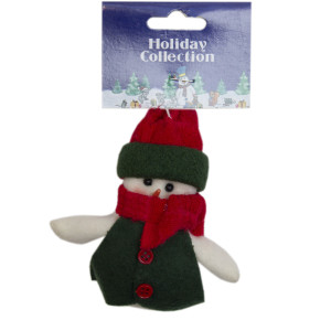 Ялинкова іграшка м'яка - Сніговик в зеленій кофті з червоним шарфом, 9 см, білий із зеленим, текстиль (000258-5)