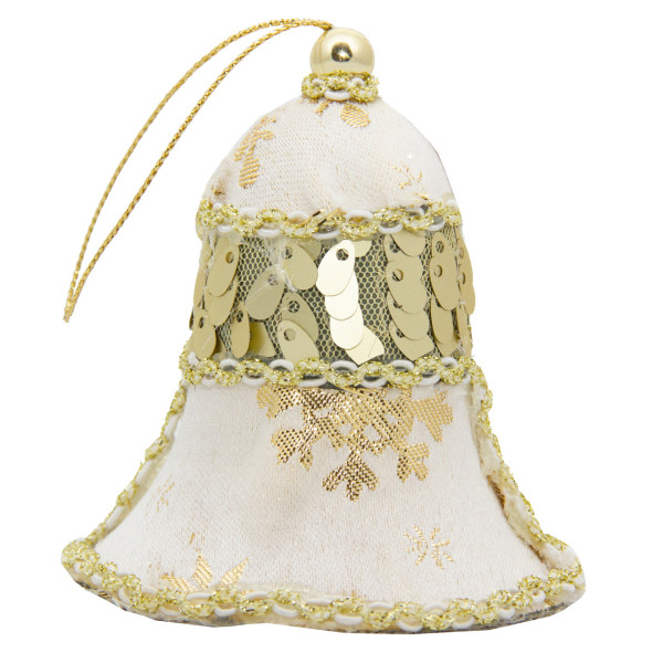 Ялинкова іграшка м'яка - Дзвіночок, 10 см, білий, текстиль з блискітками (430208-1)