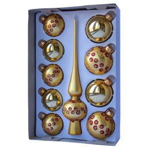 Набір ялинкових іграшок - кулі з верхівкою, 10 шт, D5-6 см, золотистий, в крапку, скло, мікс (390267-3)